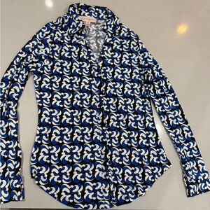 Philosophy Blue, White & Black Retro Floral Button-Up